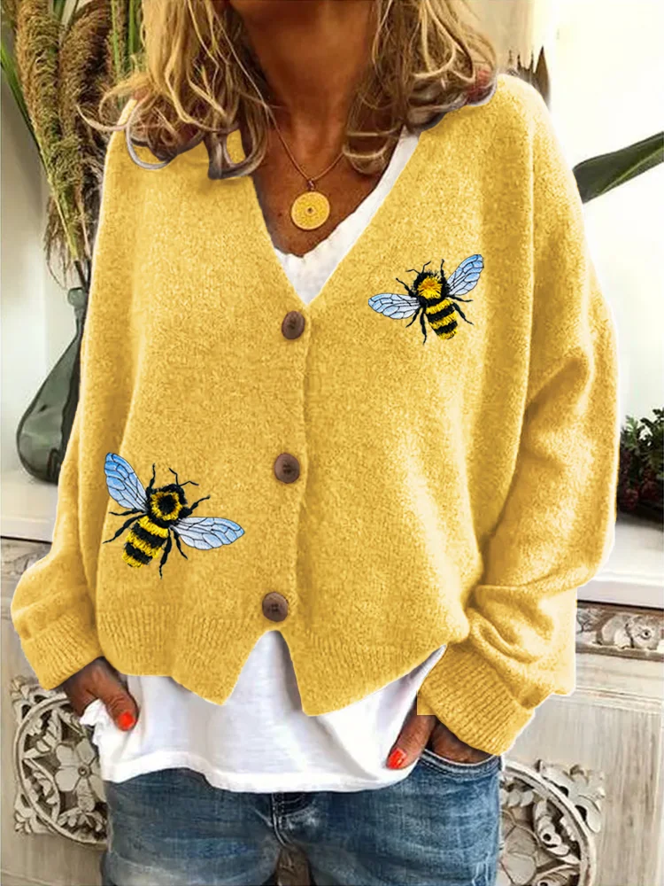 VChics Fringed Bee Cute Honeybee Insect Embroidery V-neck Cardigan