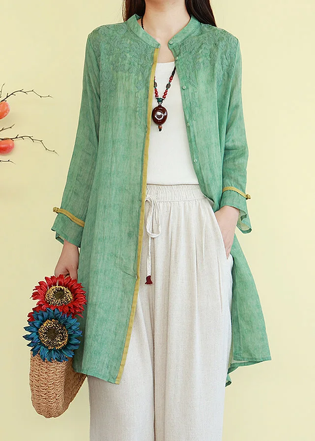 Vintage Green Button Thin Patchwork Linen Blouses