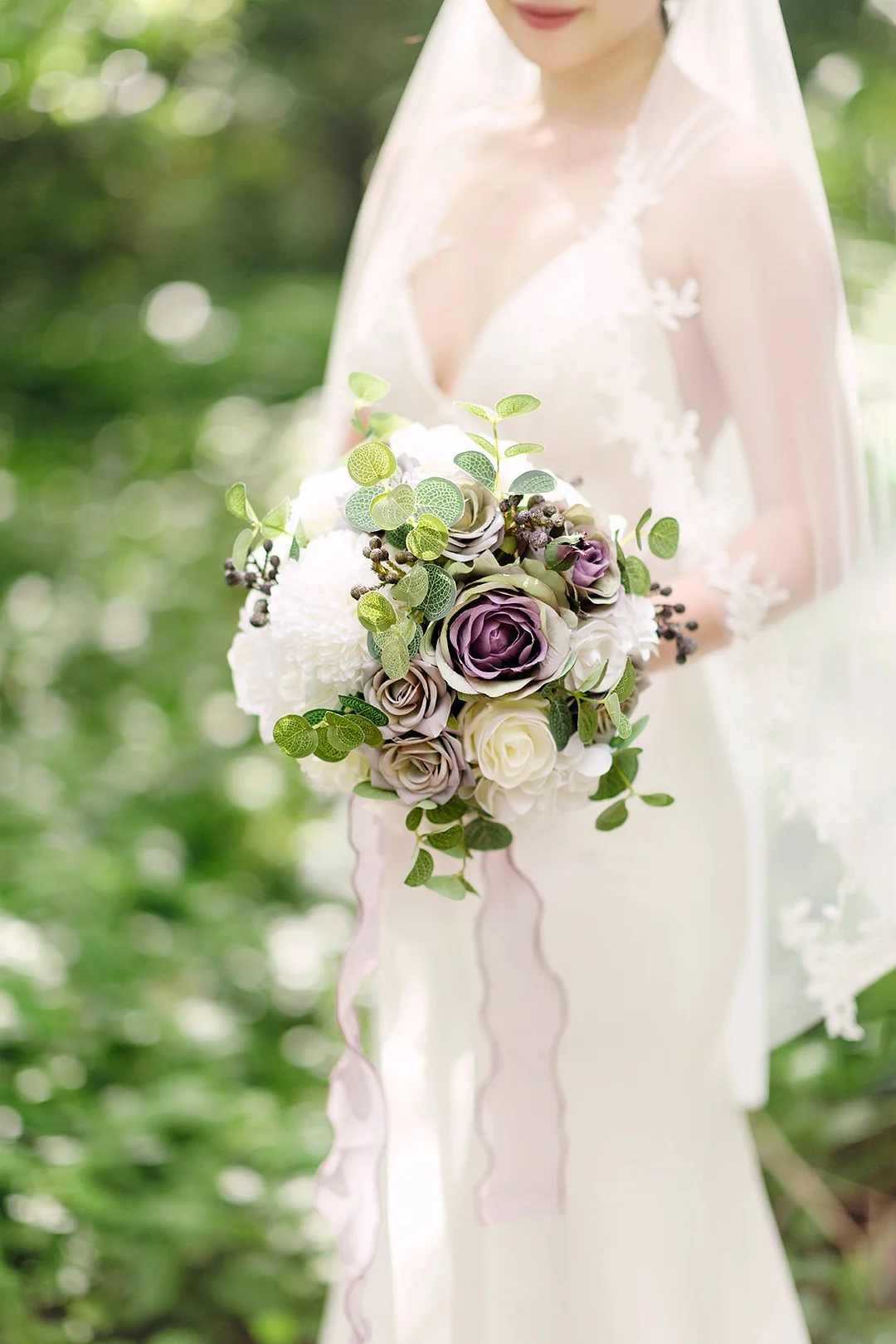 Standard Round Bridal Bouquet in White & Purple | Clearance