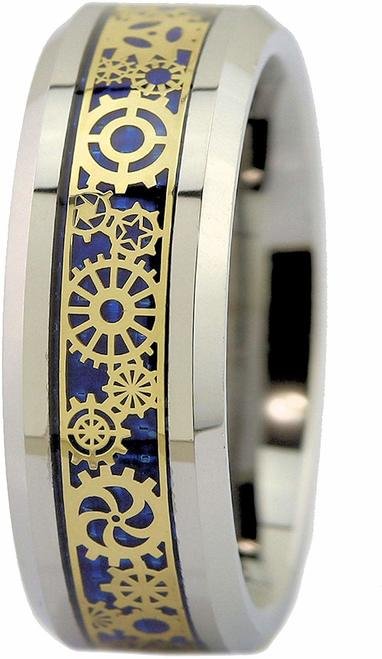 Women's or Men's Tungsten Carbide Wedding Band Watches Gear Rings,Gold Gears Over Blue Carbon Fiber Inlay And Silver Bands,Gold Mechanical Gears Tungsten Carbide Ring With Mens And Womens Rings For 4MM 6MM 8MM 10MM