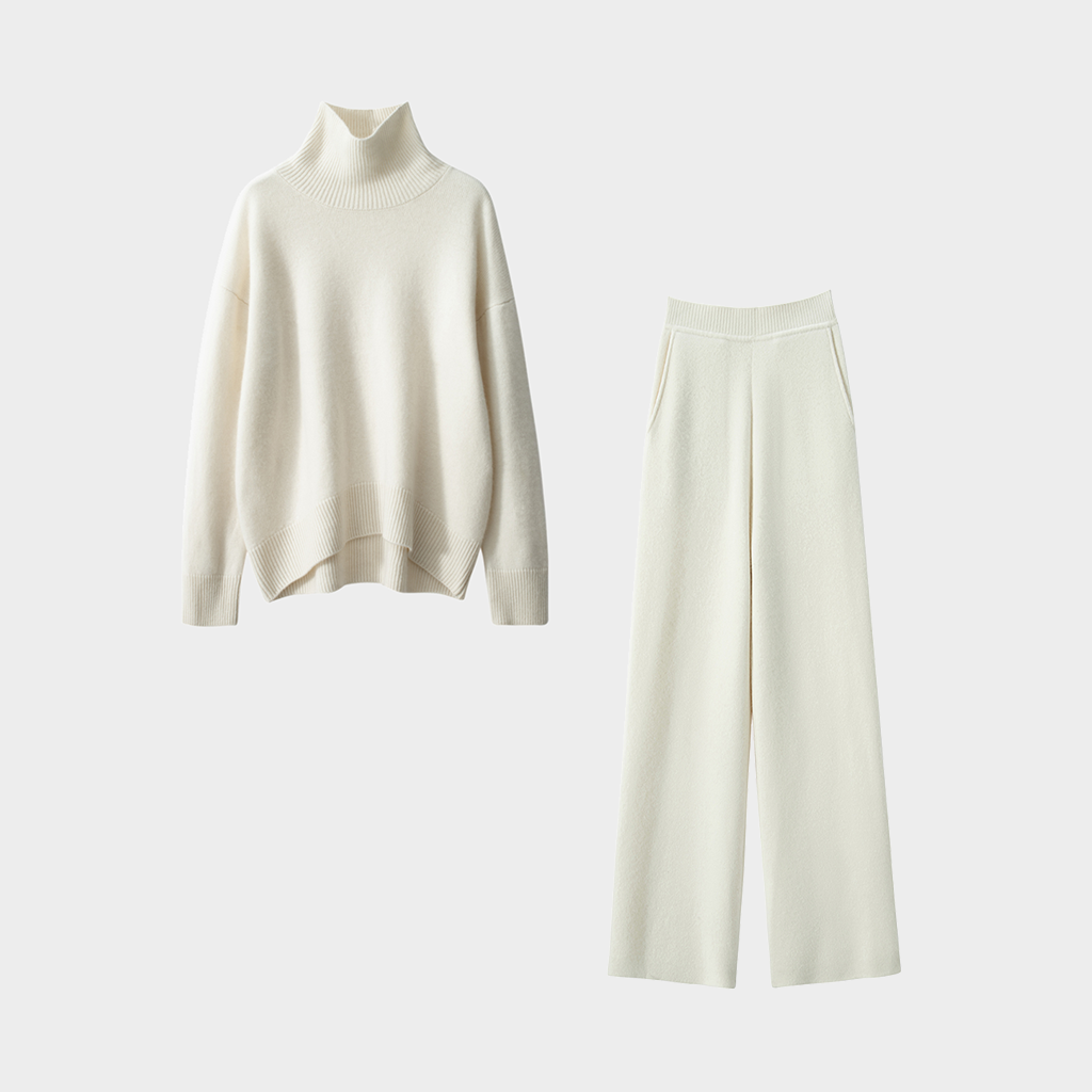 Women's Modern Minimalist Off-White Cashmere Sweater and Pants Set | Luxurious Pure Cashmere REAL SILK LIFE