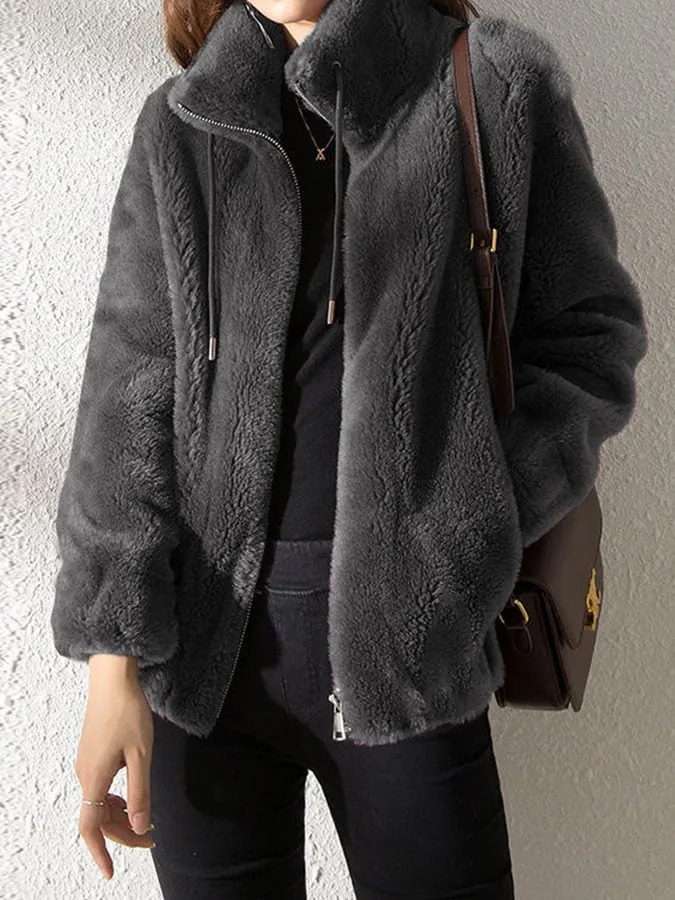 Casual Solid Fleece Stand Collar Zip Coat