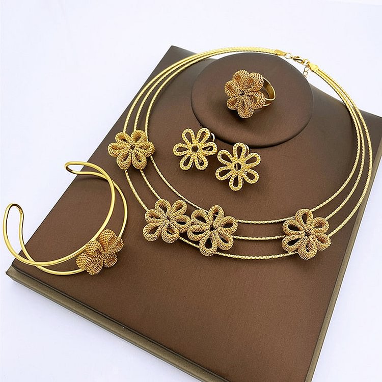 Hot Sale Italian Gold Color Jewelry Set Women Necklace Round Earrings Adjustable Bracelet Ring