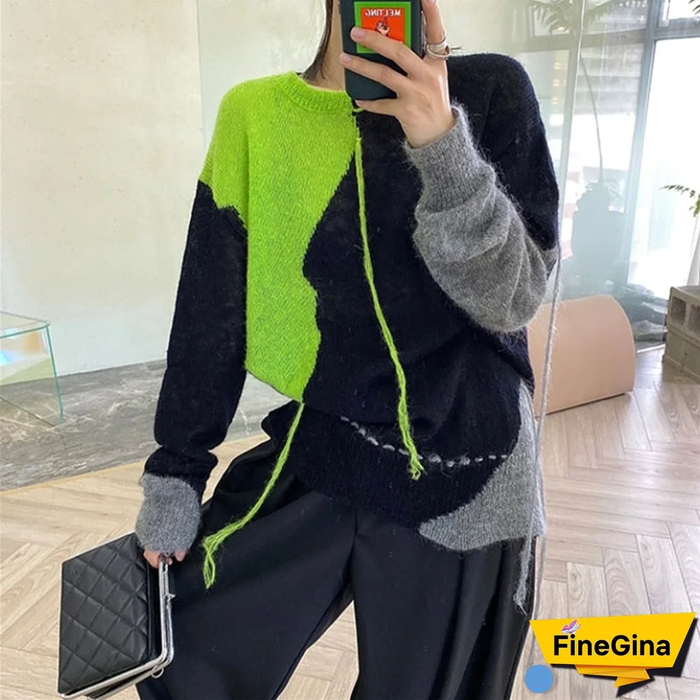 Loose Mohair Sweater Women Fall Korean Style O-neck Hit Color Long Sleeve Pullovers Female Fashion Casual Soft Lady Jumpers Tops