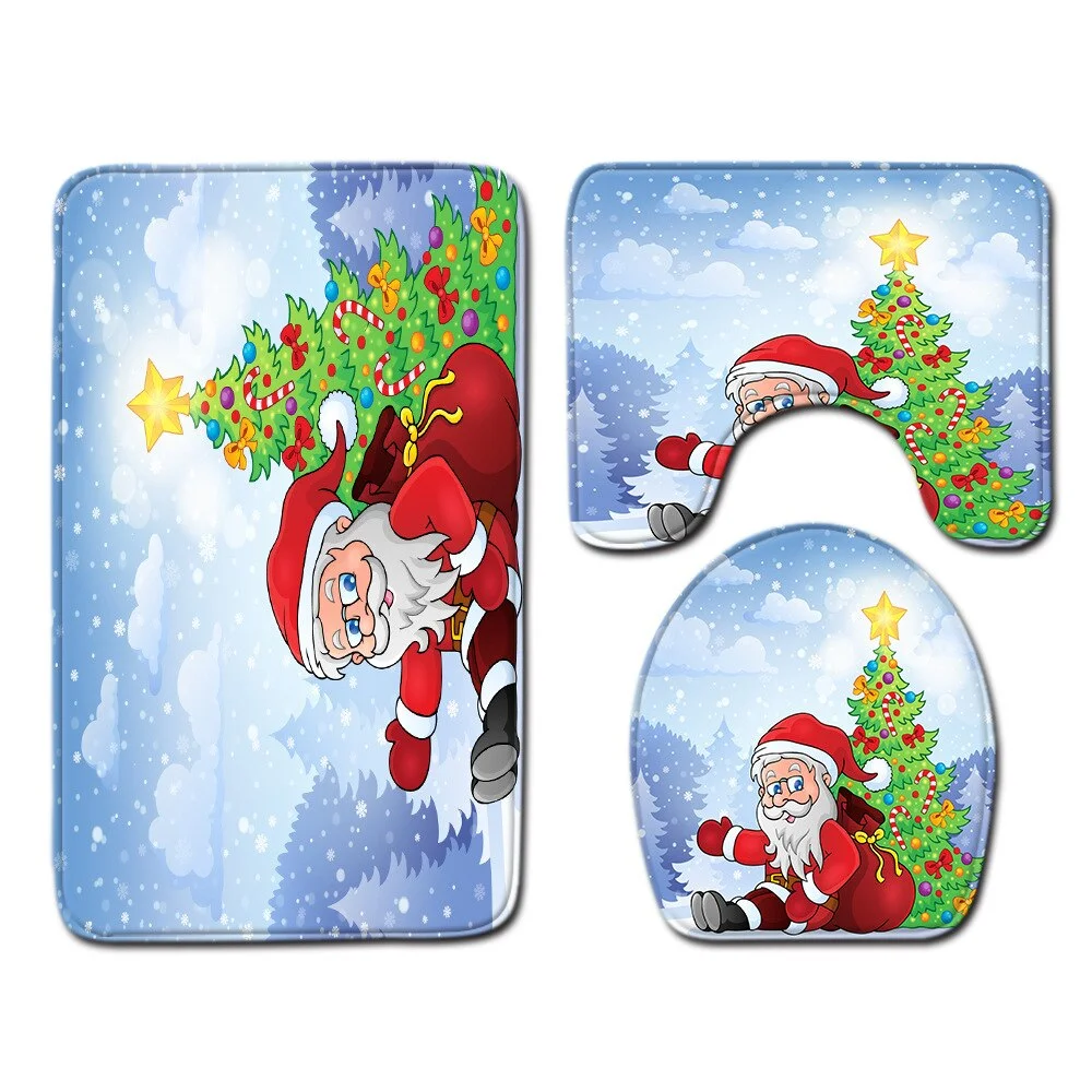 Christmas Toilet seat Cover 3pcs Set Bathroom Mat Home  Absorbent Door mats washroom Decoration Carpet Printing Flannel Rug