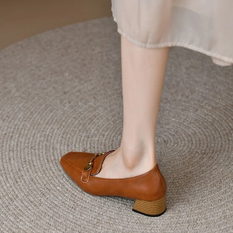 Yyvonne Retro Square Head Single Shoe Heel Thick Heel 2025 Spring And Autumn New Women's Foot Small Leather Shoes Women's Shoes