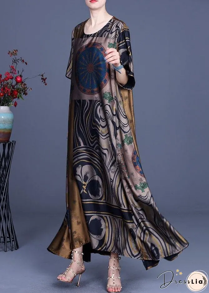 French Yellow Print Silk O-Neck Summer Long Dress