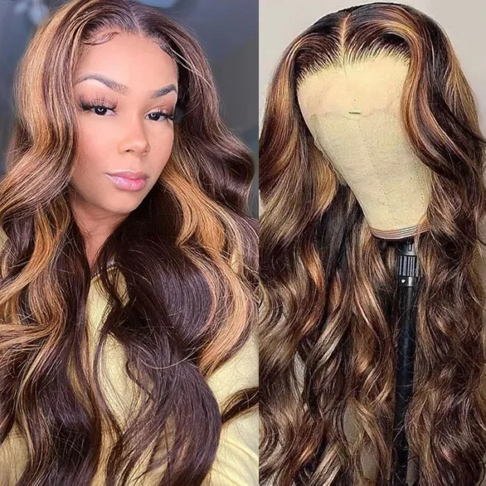 Highlight Balayage #FB30 Body Wave Lace Front T Part Wig Shadow Root Blonde Highlight Human Hair Wigs With Baby Hair