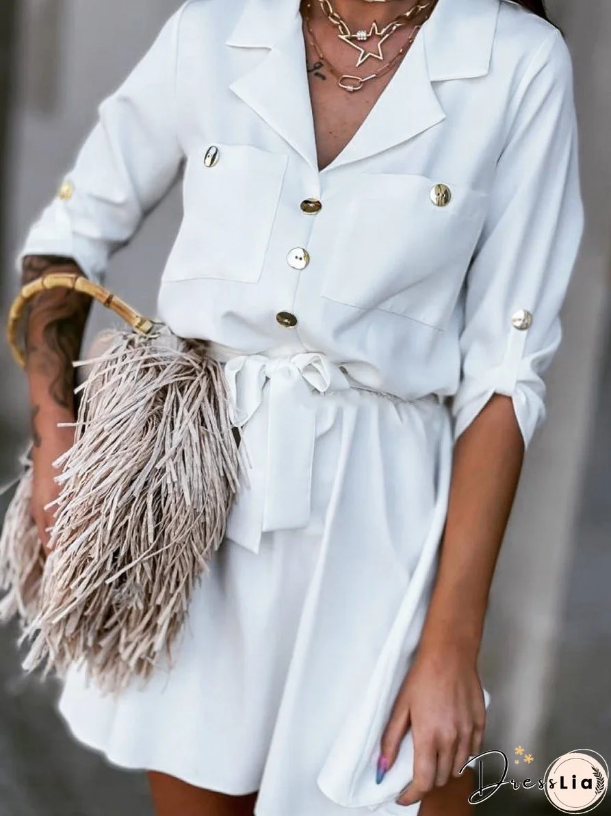 Dresses Nine-Quarter Sleeves With Suit Collar Shirt Dress for Women