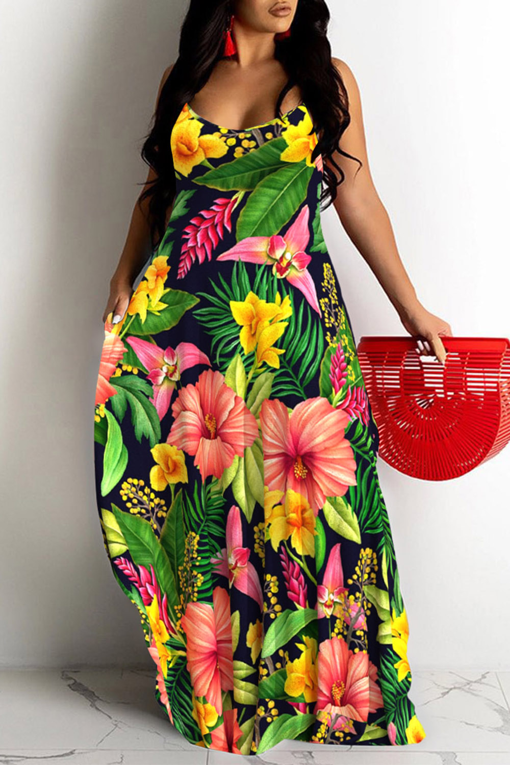 Plus Size Vacation Multicolor Floral Print Round Neck Sleeveless Pocket Maxi Dress [Pre-Order]