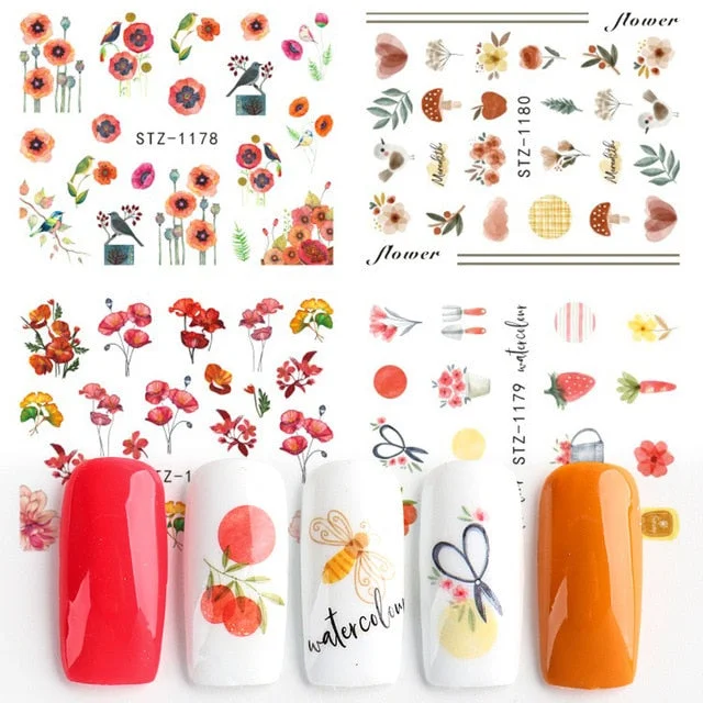 Nail Stickers Water Transfer Summer Dried Flowers Multiple Colors Designs 4Pcs/Set Nail Decal Decoration Tips For Beauty Salons