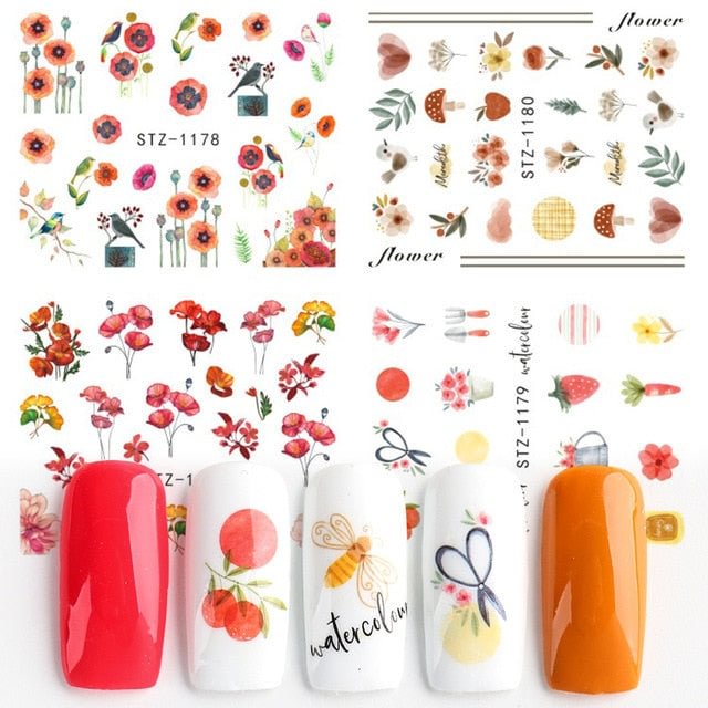 Nail Stickers Water Transfer Summer Dried Flowers Multiple Colors Designs 4Pcs/Set Nail Decal Decoration Tips For Beauty Salons