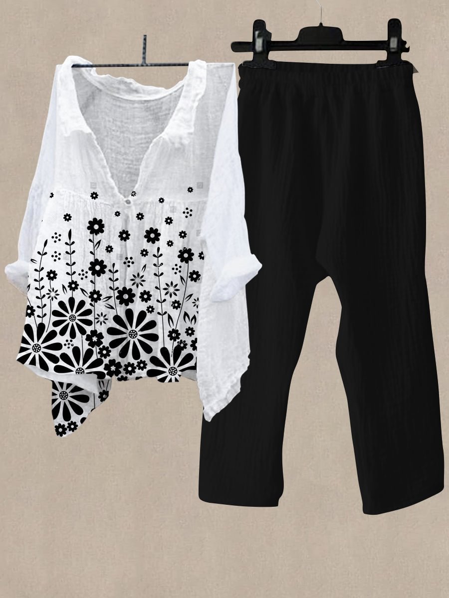 Women's Black Flower Print Shirt Collar Top And Casual Pants Linen Two Pieces