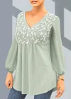Plus Size Leaf Sequin Lantern Sleeve V Neck Blouse