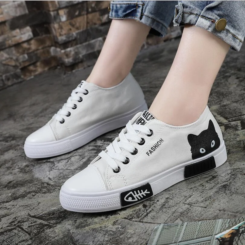 Mongw Fashion Lace Up Women'S Sneakers Low Top Flat Casual Shoes Print Cute Cat Canvas Shoes Men'S Running Shoes Eur: 33-41