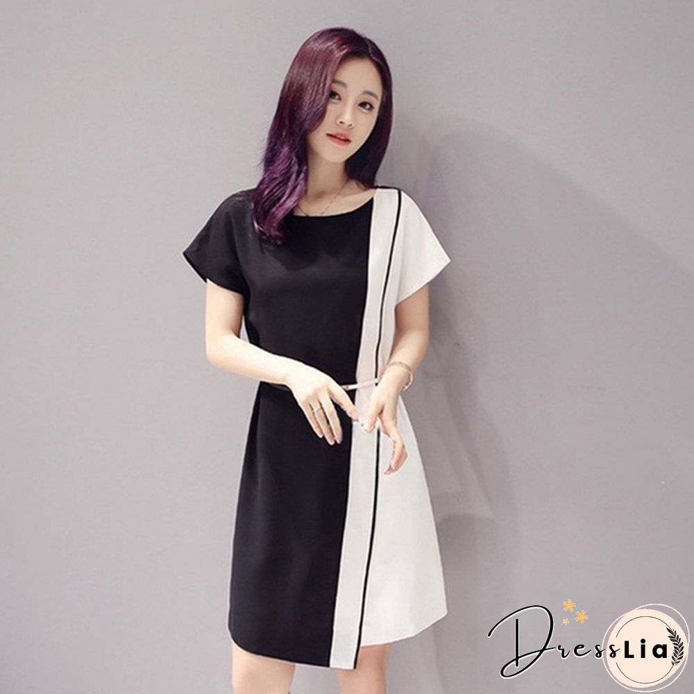 Summer Women Fashion Chiffon Mini Dress Black White Short Sleeve O-Neck Dress