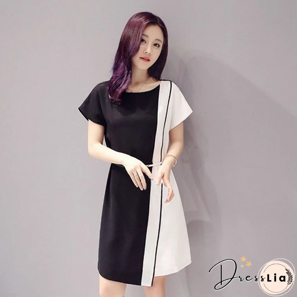 Summer Women Fashion Chiffon Mini Dress Black White Short Sleeve O-Neck Dress