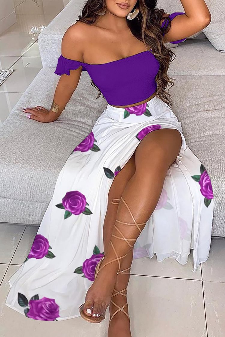 Plus Size Purple Daily Floral Print Off The Shoulder Side Slit Skirt Sets [Pre-Order]