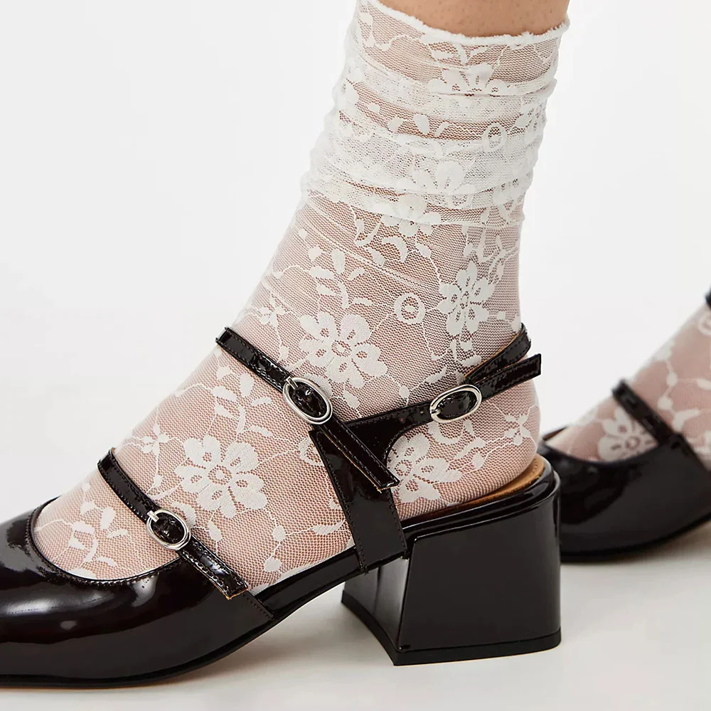 Classic Black Patent Leather Square Toe Ankle Strap Mary Jane Pumps