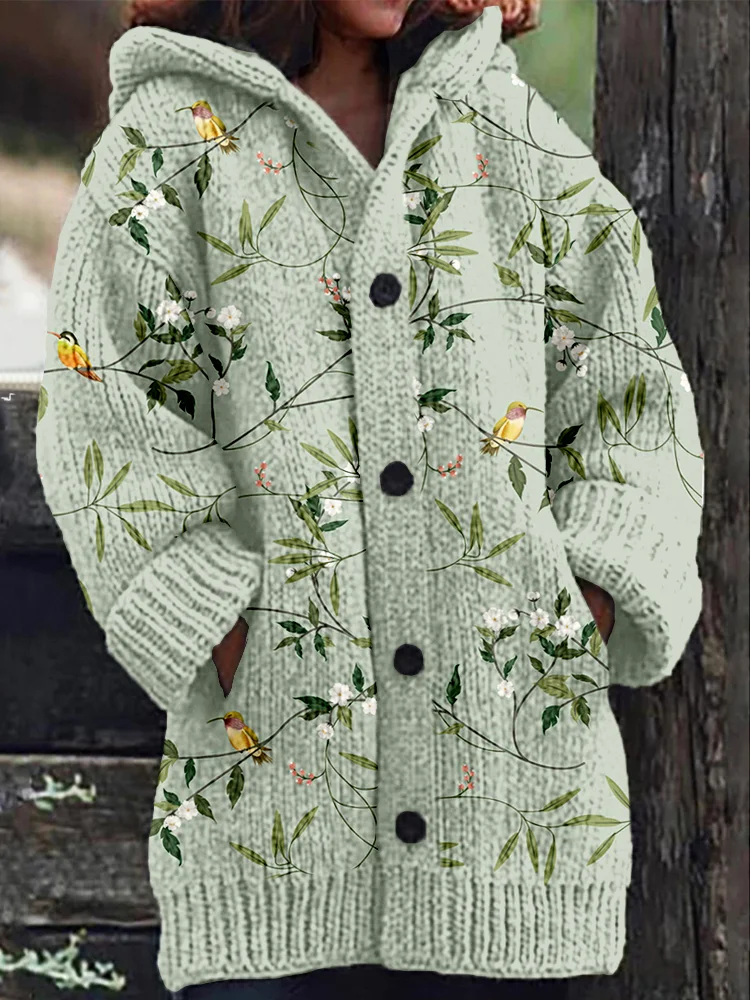 VChics Elegant Birds and Flowers Art Pattern Cozy Hooded Cardigan