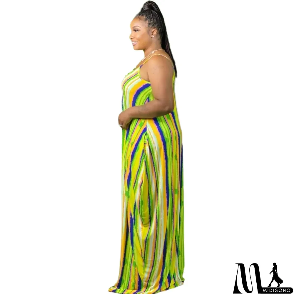MidiSono - Summer African Colorful Stripes Strap Long Dress