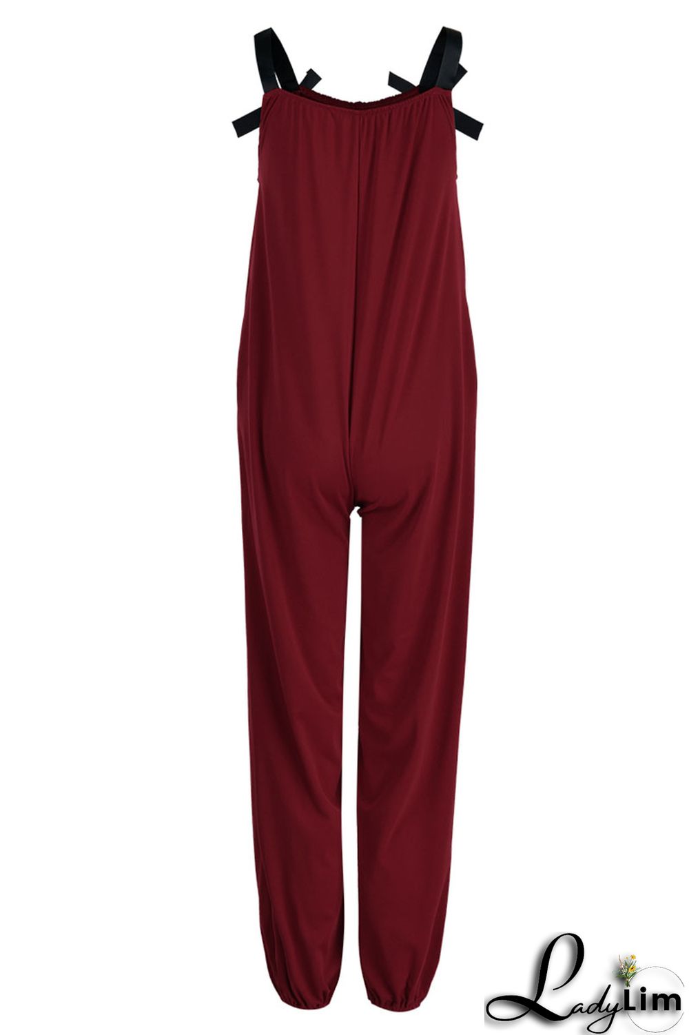 Burgundy Casual Solid Split Joint Spaghetti Strap Loose Jumpsuits