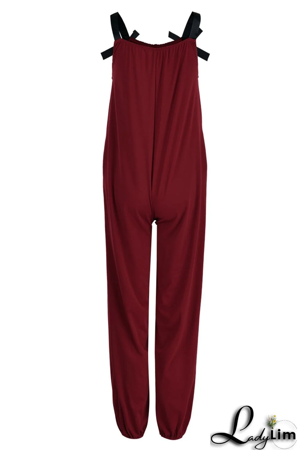 Burgundy Casual Solid Split Joint Spaghetti Strap Loose Jumpsuits