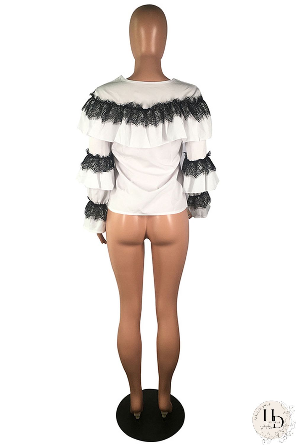 White Polyester O Neck Long Sleeve ruffle Solid Patchwork Tees & T-shirts