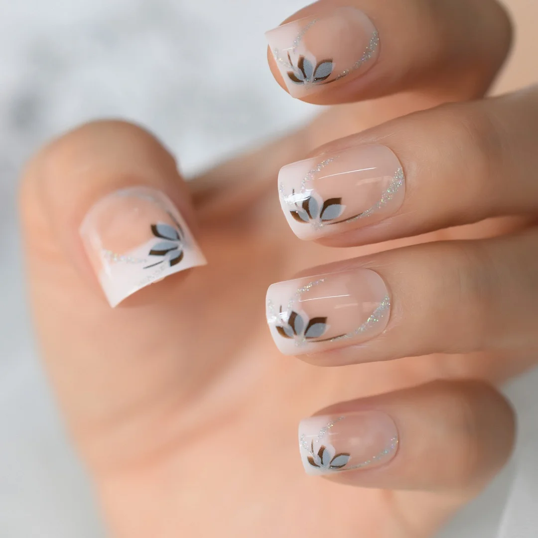 Medium Nude Natural False Nails Square Shimmer Glitter Decorative Flower Grace White Gradient Ombre Artificial Nail Art Tips-Nail Inspo