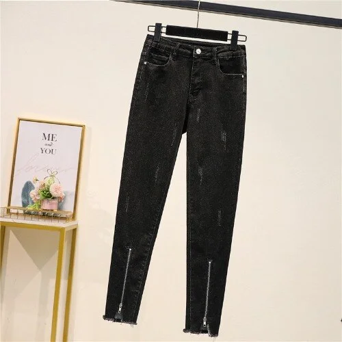 Scratched Fake Zipper Jeans Woman Stretch Skinny Pencil Pants Femme Ankle Length Slim Pants Mujer Denim 2023 Spring New. brightness