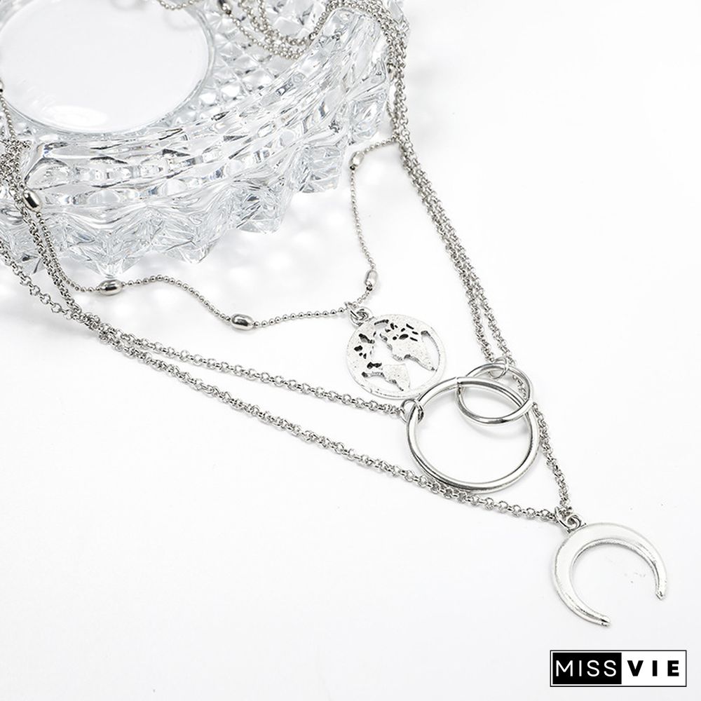 Fashion Women Multi-Layer Moon Map Necklace