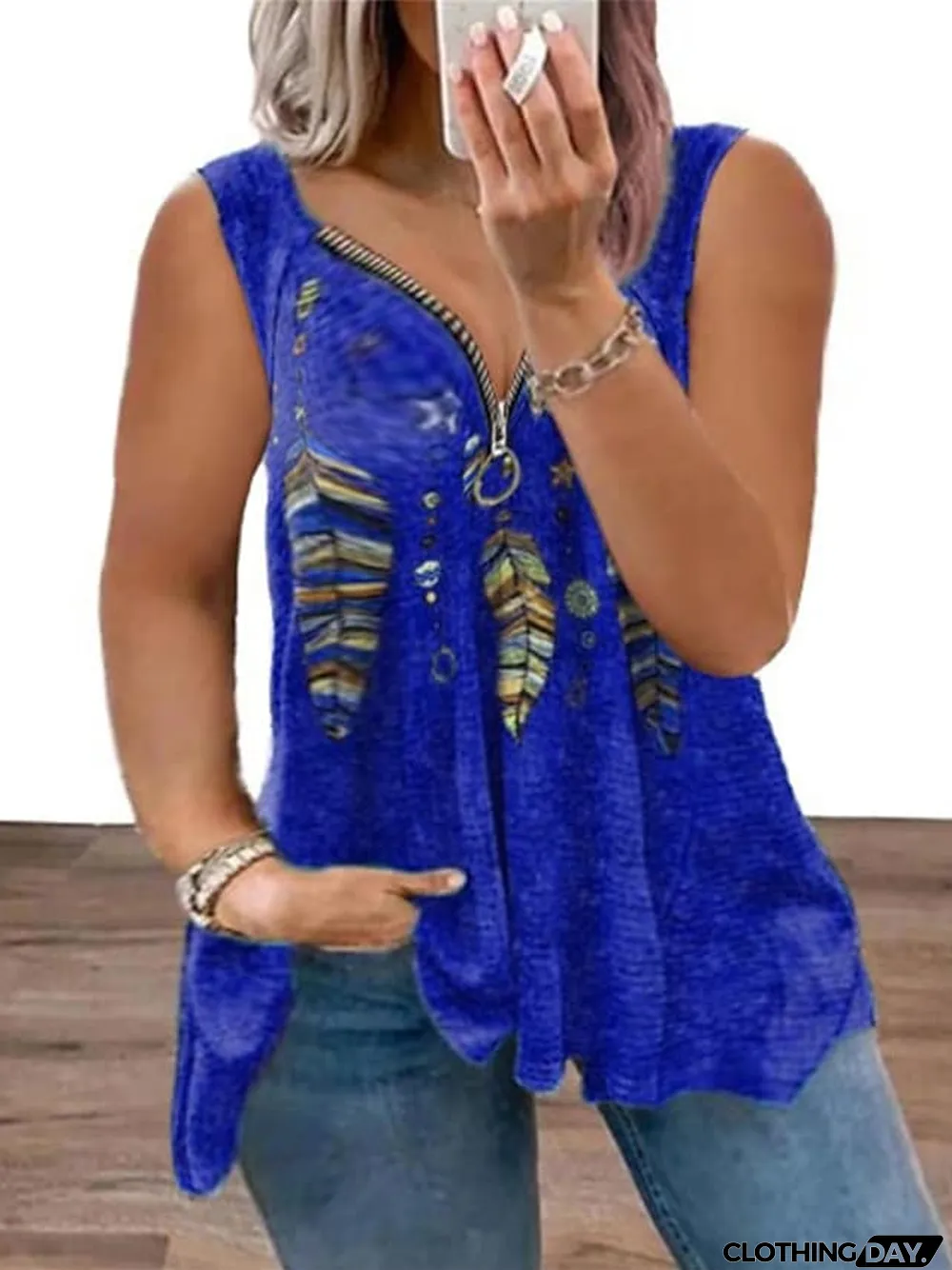 Women's Plus Size T shirt Tee Graphic Daily Going out Weekend Black Wine Purple Print Zipper Sleeveless Streetwear V Neck Regular Fit Summer Spring