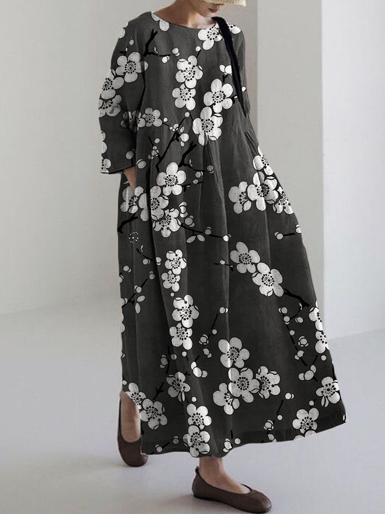 Comstylish Plum Blossom Japanese Lino Pattern Linen Blend Maxi Dress