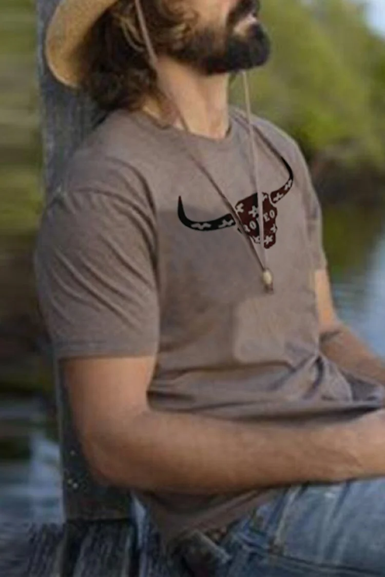 Brown Retro Bull Head Western Print T-Shirt