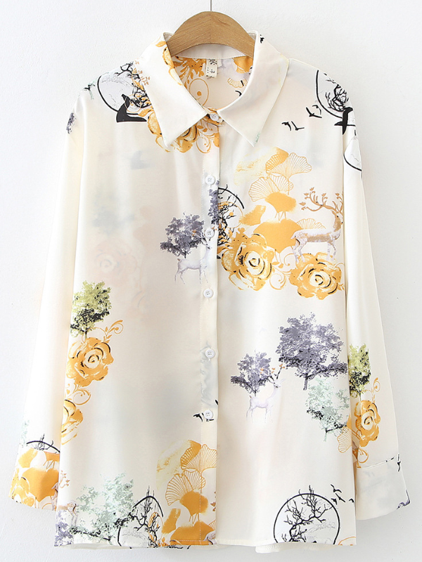 Women's Shirts Waterdrop Floral Printed Long Sleeve Lapel Chiffon Blouse Top