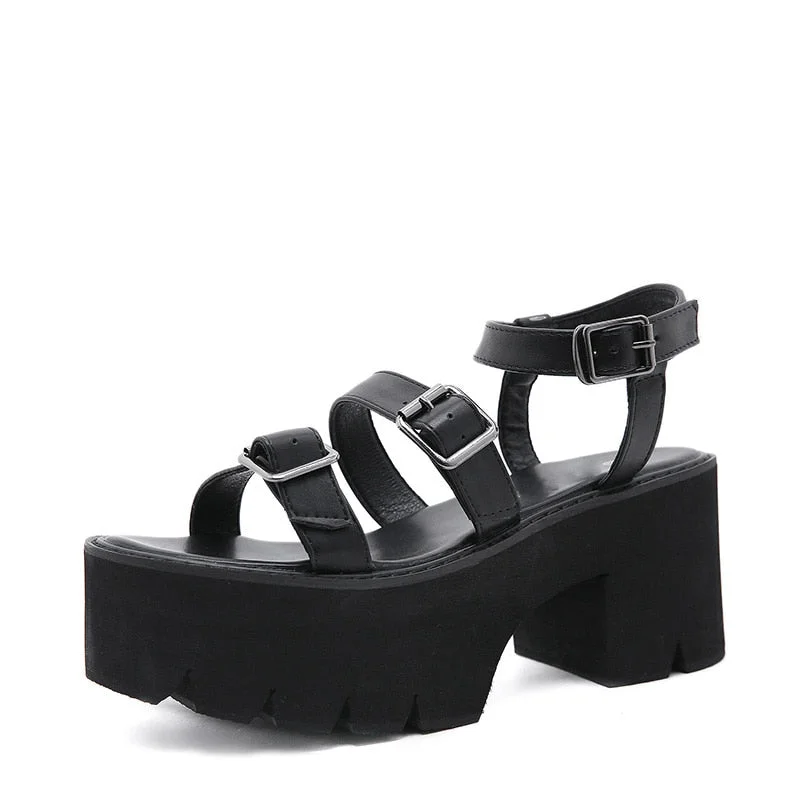 Gdgydh Vintage Platform Heels Chunky Block High Heel Sandals Women Black Punk Belt Buckle Gothic Shoes For Student Uniform Japan