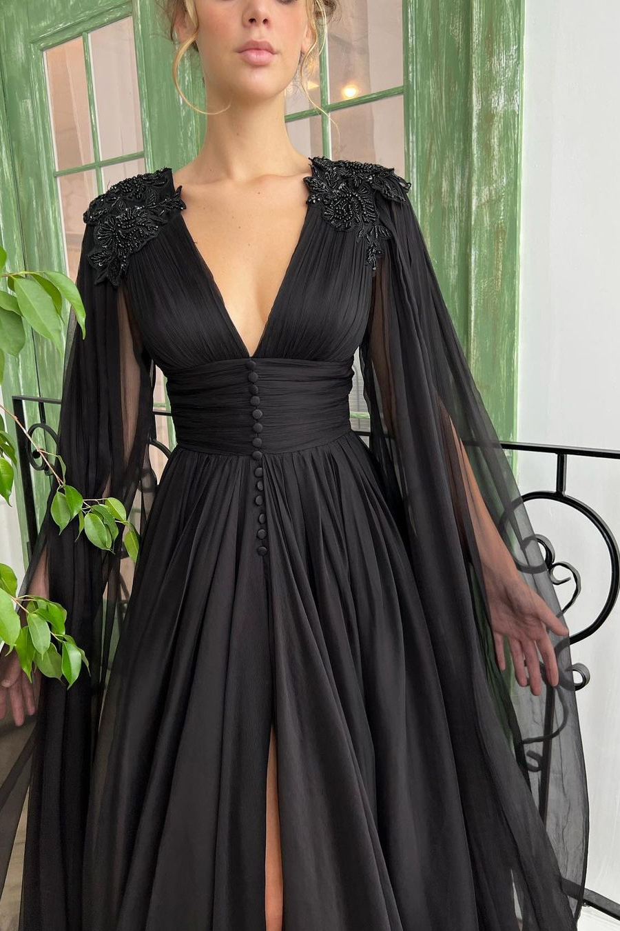 Luluslly Black Ruffle Sleeves Prom Dress Long Slit With Buttons