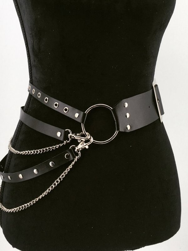 Gothic Dark Statement PU Chain-trimmed Layered Metal Ring Waist Belt
