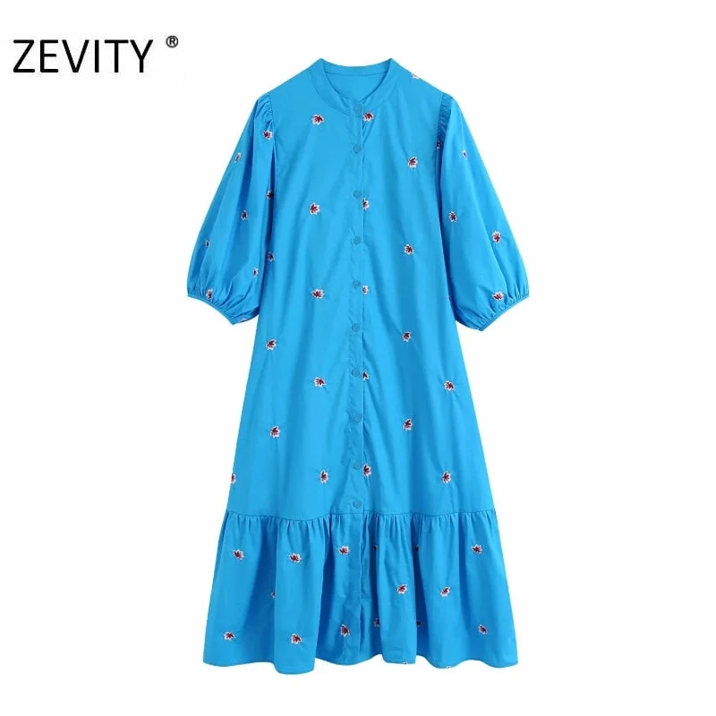 2020 women vintage lantern sleeve flower embroidery midi shirtdress female hem pleats vestidos chic casual loose dresses DS3436