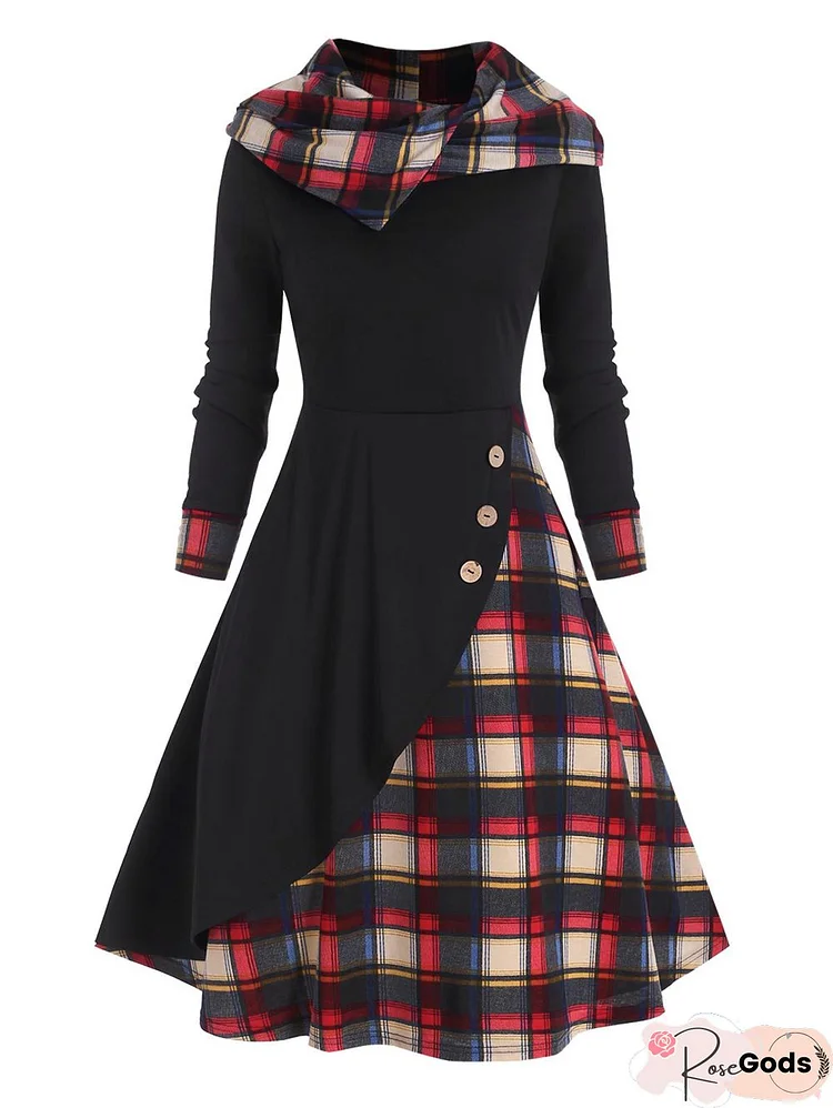 Vintage Dress Women Hooded Plaid Mock Button Overlap Midi Dress Gothic Punk Long Sleeve Casual Sexy Party Dress Harajuku