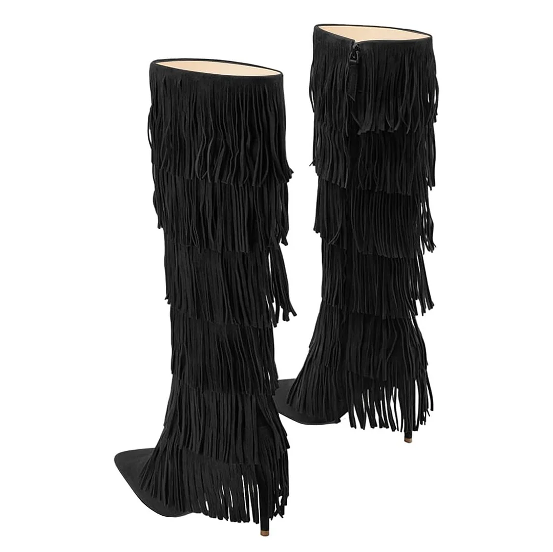 Black Fringe Pointed Toe Stiletto Heel Knee High Boots with Zipper
