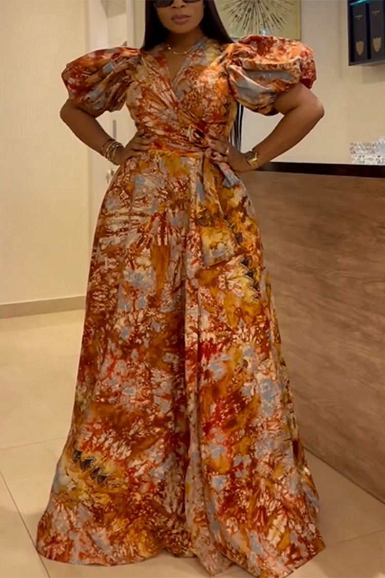 Plus Size Casual Floral All Over Print Puff Sleeve V Neck Maxi Dresses [Pre-Order]