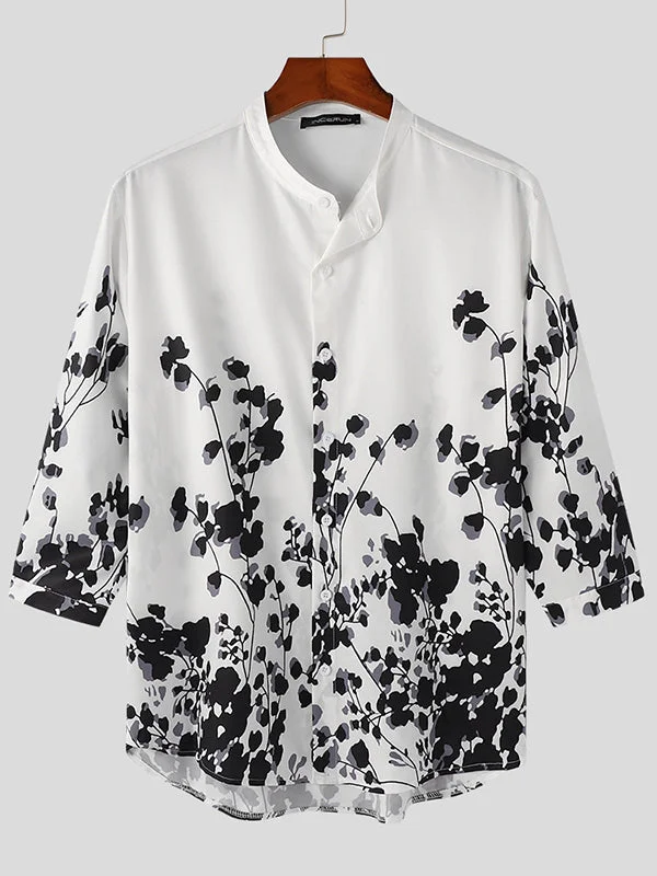 Aonga - Mens Floral Print Stand Collar / Sleeve Shirt