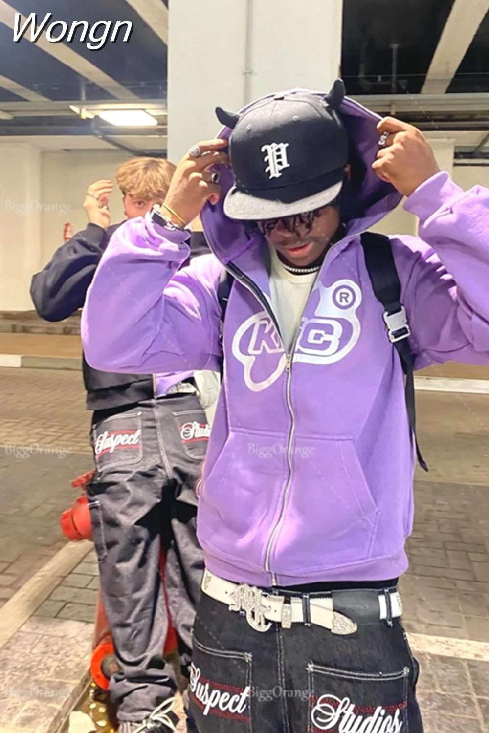 Wongn Letter Print Hoodie Zipper American Purple Streetwear Casual Clothes Hip Hop High Street Oversize Sweatshirts Loose Coat