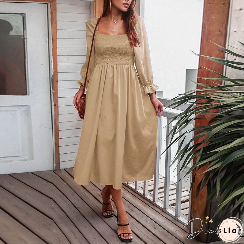 Autumn Square Collar Casual Long Dress Women Long Sleeve Pleated Red Maxi Dresses Elegant Female Bust Elastic Vestidos Rob