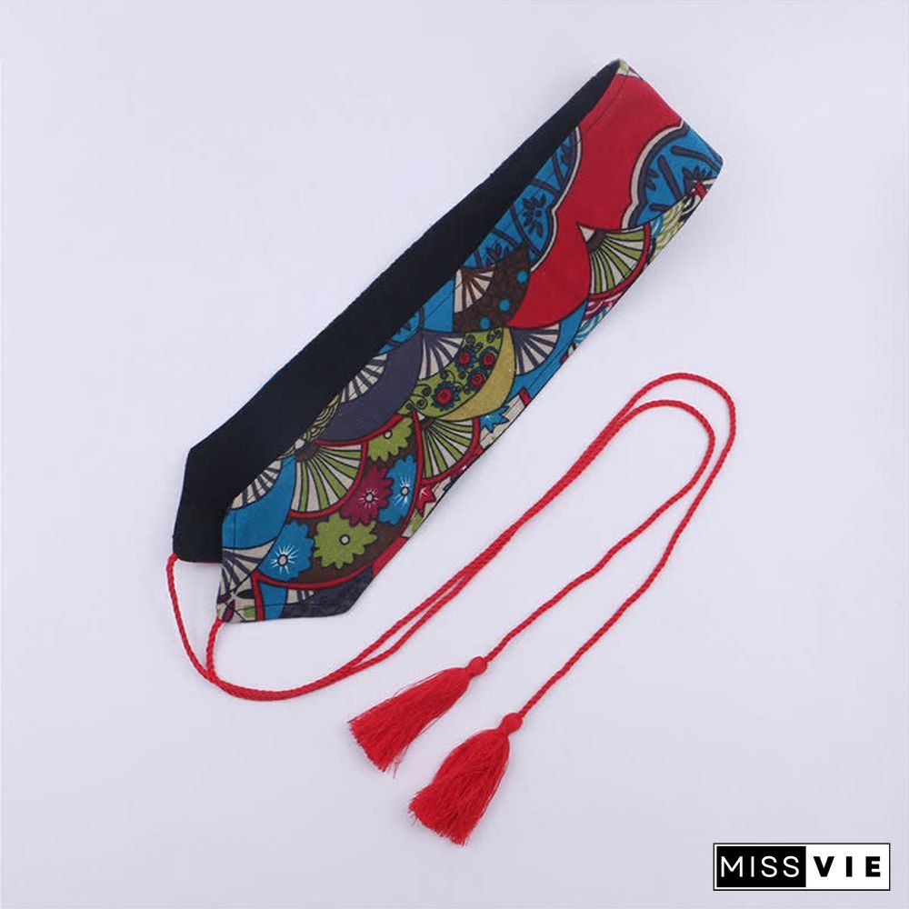 Vintage Print Tassel Lace Up Hanfu Waistband