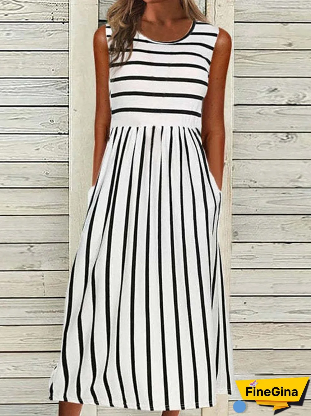 Women'S Dresses Striped Print Crew Neck Pocket Sleeveless Dress