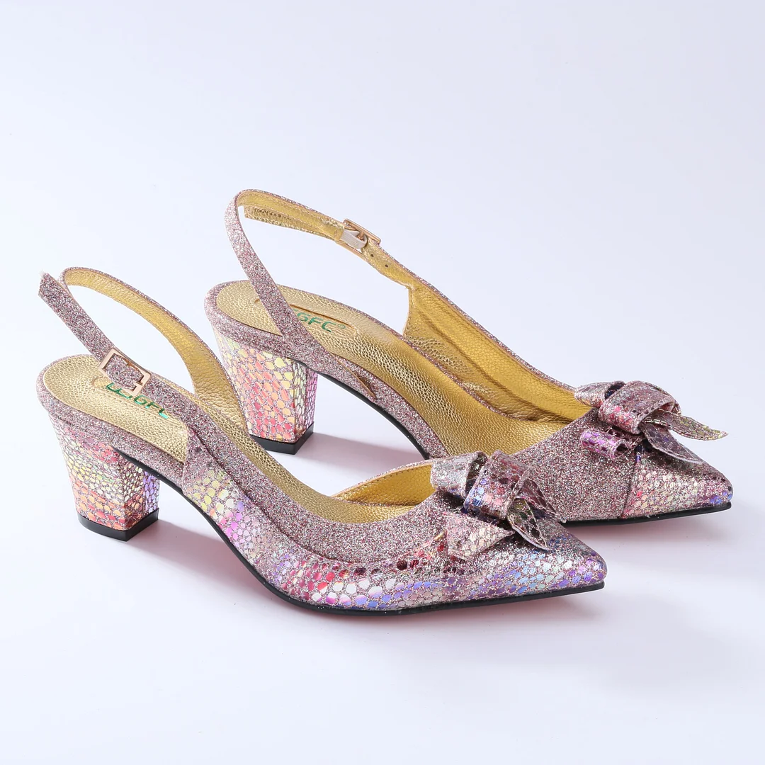 QSGFC  2022 New Arrival Fashion Rose Gold Elegant Party Wedding Ladies Shoes and Bag Set in Synthetic Flash Material