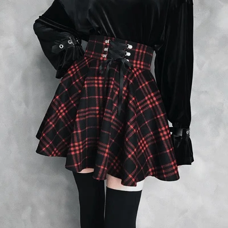 Black-Red Gothic High Waist Laced Plaid Skirt SP13344