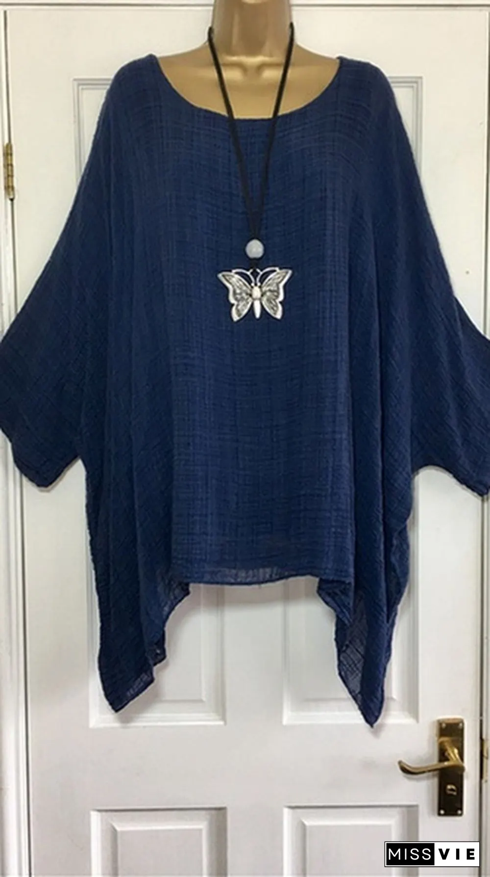 Autumn Fashion Batwing Sleeve Solid Color Plus Size Loose O-neck Casual Blouse Top